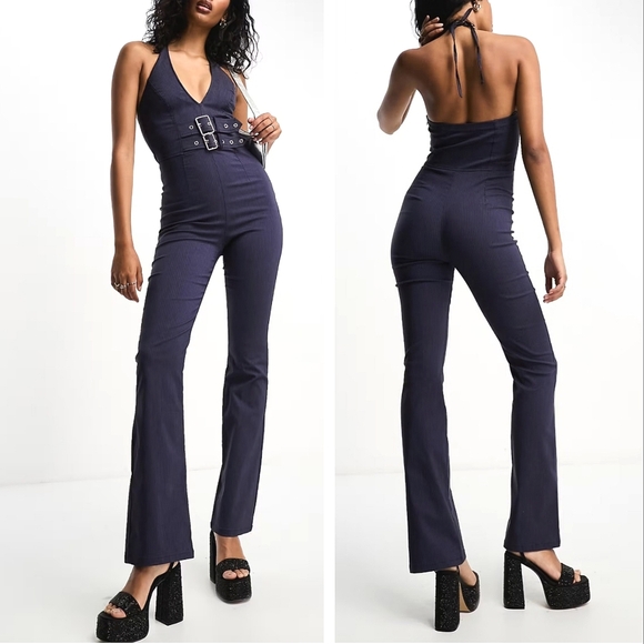Bershka pinstripe Y2k halterneck jumpsuit buckle - Picture 4 of 11